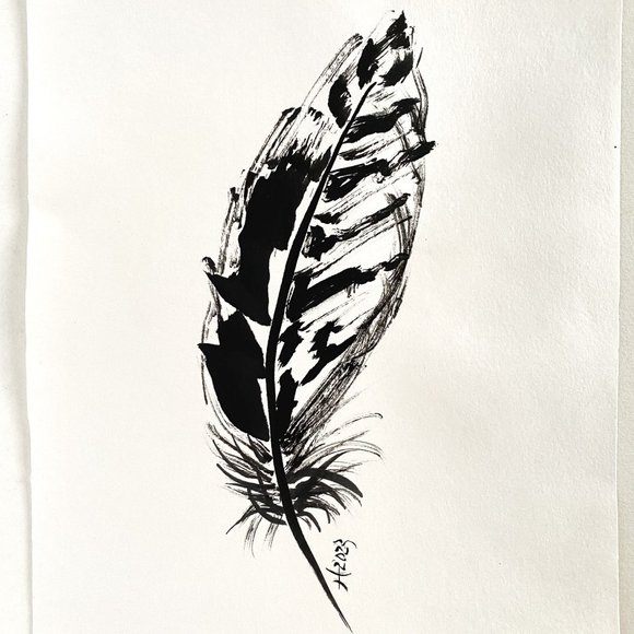 Feather Free Original Painting Ink on Rice Paper Matted 11x14in Frame Ready - Picture 1 of 5